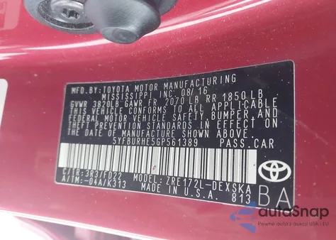 2016 Toyota Corolla S from USA, damaged, VIN 5YFBURHE5GP561389
